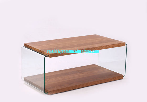 Grande table basse en verre courbé à chaud, pieds en bois, table basse, table centrale HF011